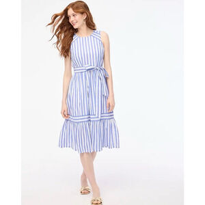 J Crew Flowy Striped Belted Sleeveless Blue White Midi Dress US Womens 2 New